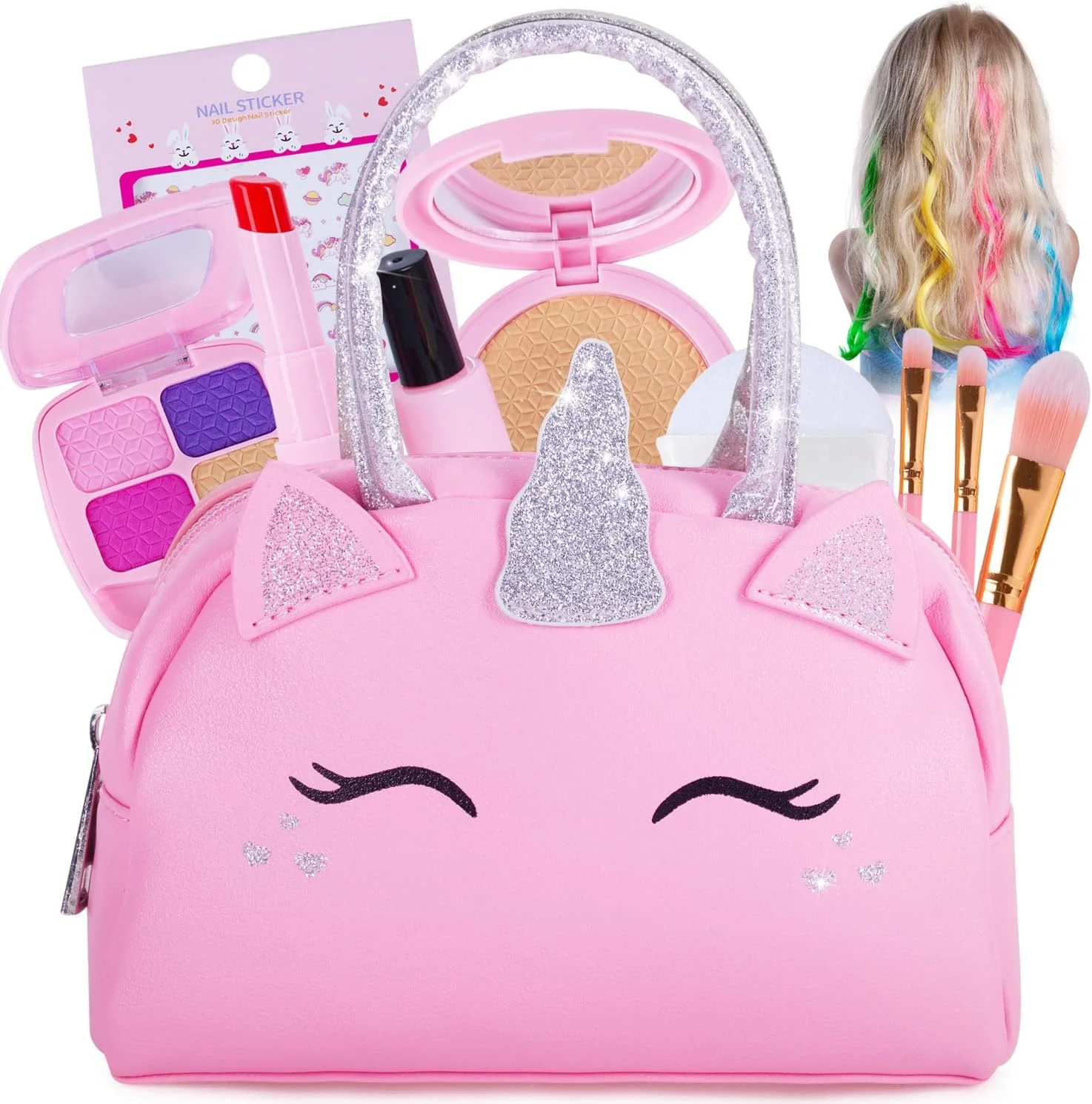 Kids Real Makeup Kit with Pink Unicorn Purse, Non Toxic Washable Make Up Set - Unicorn Toys for Girls Age 4-6, Gifts for 5 Year Old Girls Birthday Gift Ages 3 4 5 6 7 8 9 10 Years - Toys for Ages 5-7