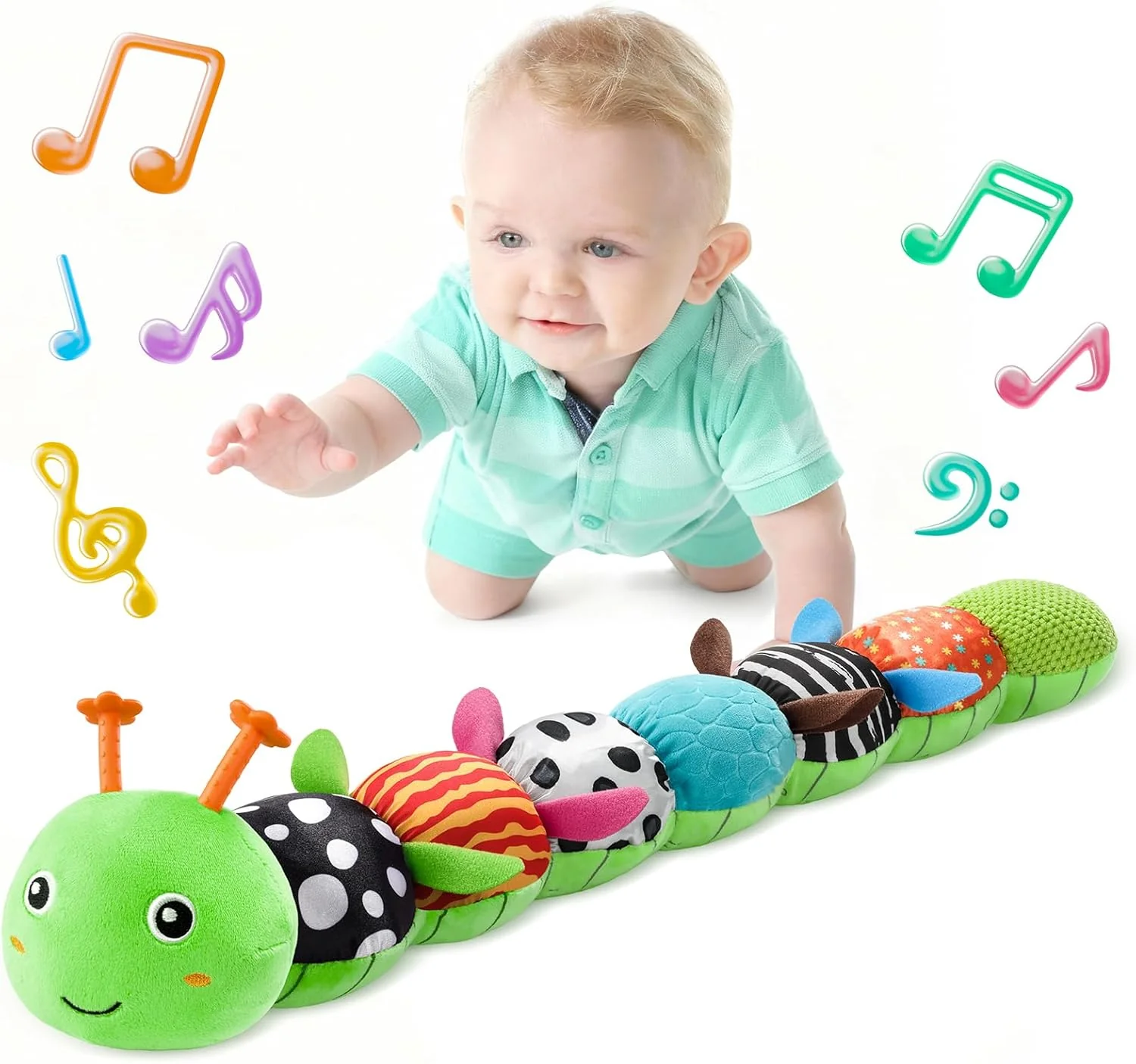 Baby Toys 6-12 Months Musical Caterpillar,Stuffed Animals Infant Toys 0-6 Months Sensory Toy with Ruler Design,Crinkle&Ring Bell,Baby Teething Toys for Tummy Time Boy Girl Gifts